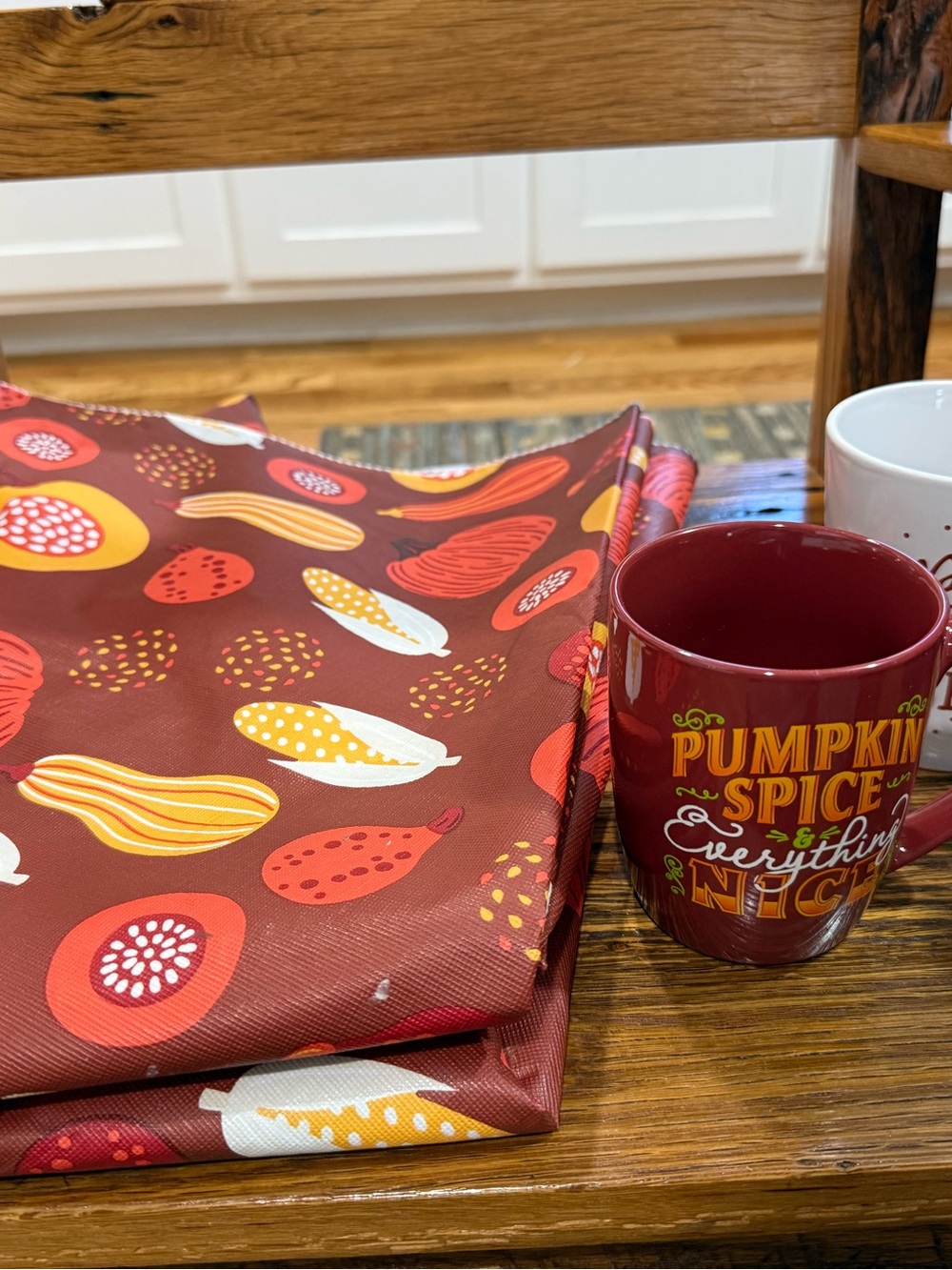 Pumpkin Spice Season Coffee Mug Set 2pc & Fall Vinyl Lined Round Tablecloth 70”